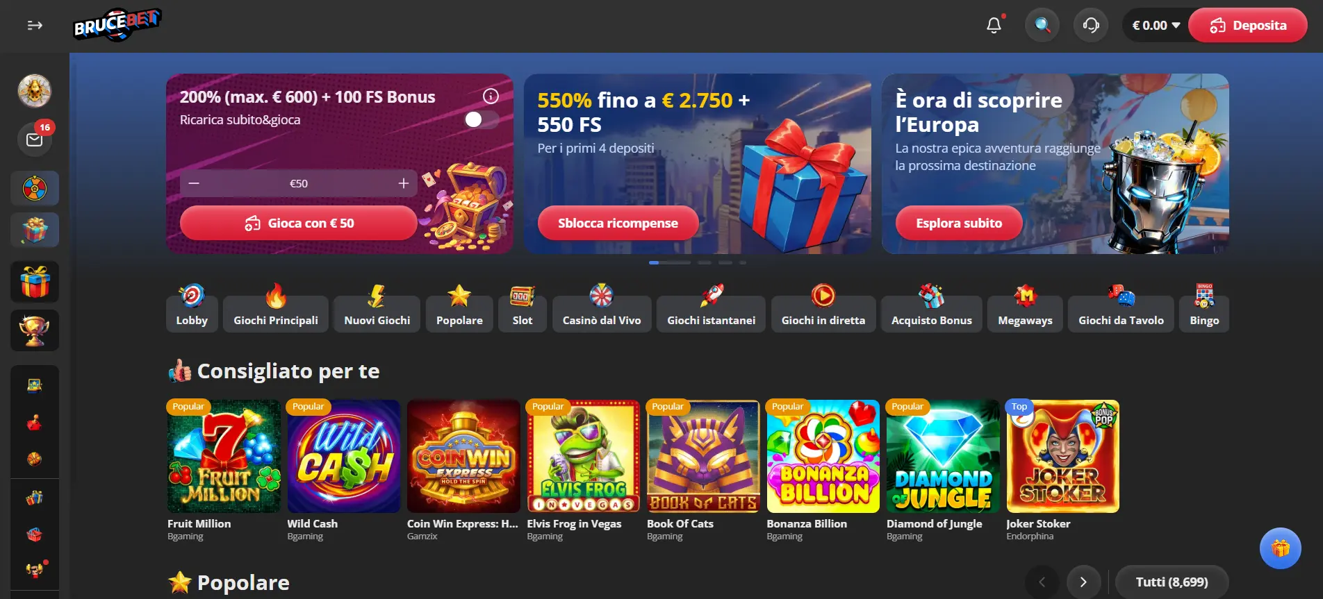 Bruce Bet Casino non AAMS – screenshot lobby settembre 2026